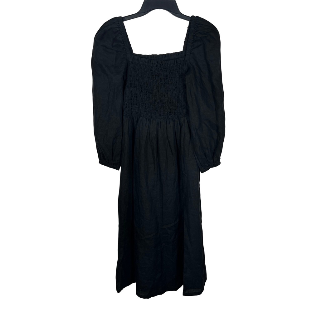 J.Crew Linen Daydream Dress Womens XS Black Solid Smocked Linen Pull On Midi